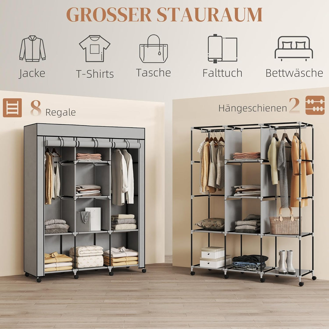 HOMCOM Stoffschrank, Kleiderschrank mit Rolle, Kleiderstangen, 8 Ebenen, Faltschrank, Faltbare Garde