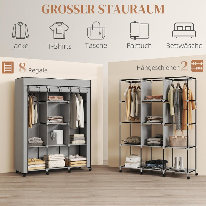 HOMCOM Stoffschrank, Kleiderschrank mit Rolle, Kleiderstangen, 8 Ebenen, Faltschrank, Faltbare Garde