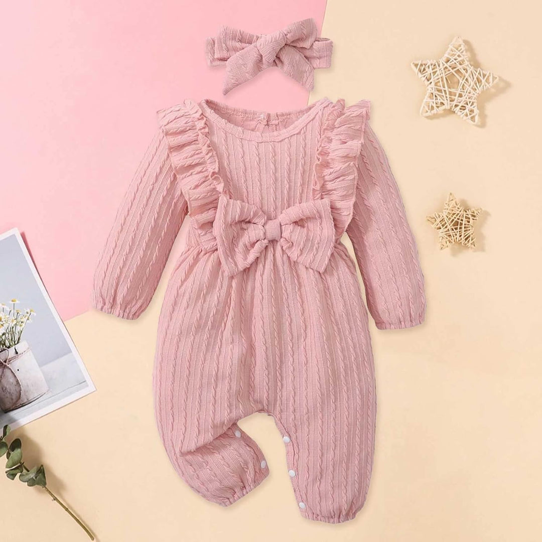 Neugeborene Kleidung für Mädchen Langarm-Overall-Stirnband-Set für Kleinkinder mit Textur und Schlei