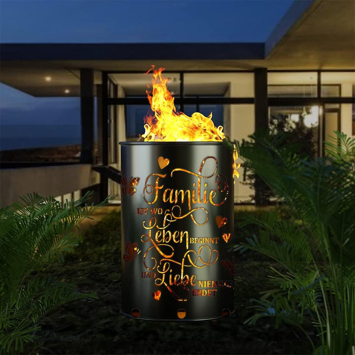 Feuertonne mit - Familie - Motiv - Gefertigt aus neuem Ölfass - Besondere Feuerstelle für Garten und