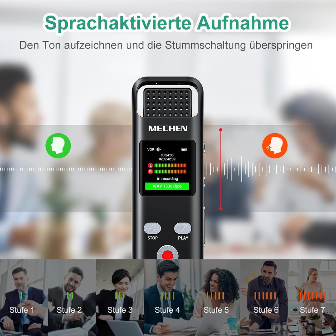 MECHEN V02 Diktiergerät 64GB, 1536Kpbs Digitales Aufnahmegerät mit One-Touch Aufnahme &amp; Rauschunterd