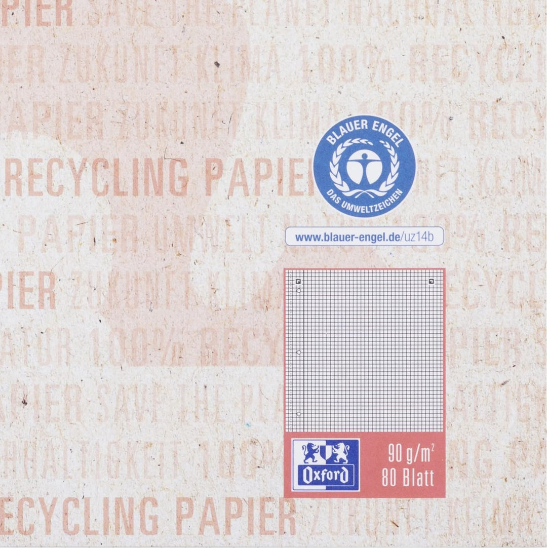 Oxford Recycling Collegeblock A4 kariert Rand links, 80 Blatt, 10 Stück A4 kariert mit Rand links, A