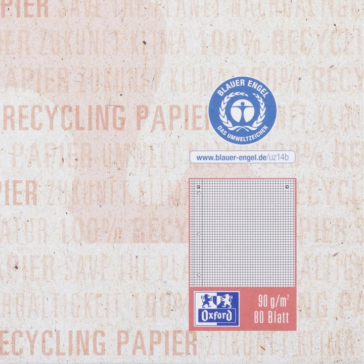 Oxford Recycling Collegeblock A4 kariert Rand links, 80 Blatt, 10 Stück A4 kariert mit Rand links, A