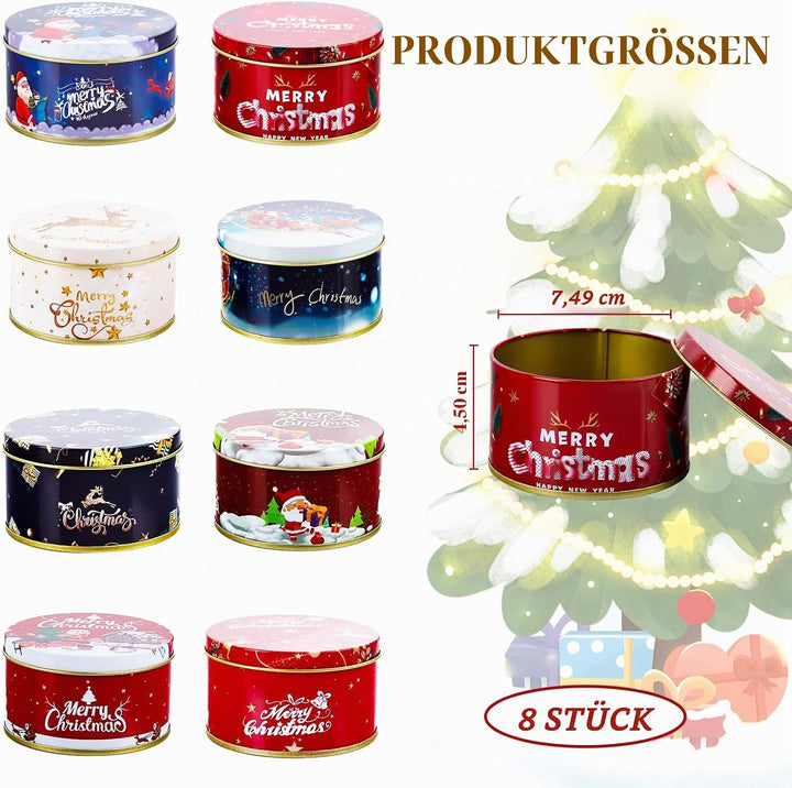 8Pcs Weihnachten Blechdose mit Deckel, Mini Weihnachtskeksdosen, Weihnachten Mini Aufbewahrungsdosen