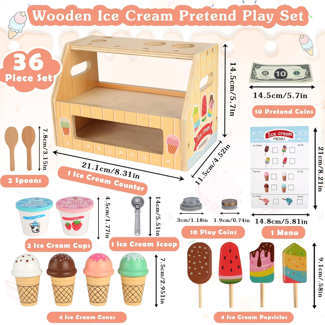 Eisdiele Kinder Holz, Eisladen Kinder Holz mit Eisstand, Langlebiges EIS Spielzeug für Kinder, Kinde