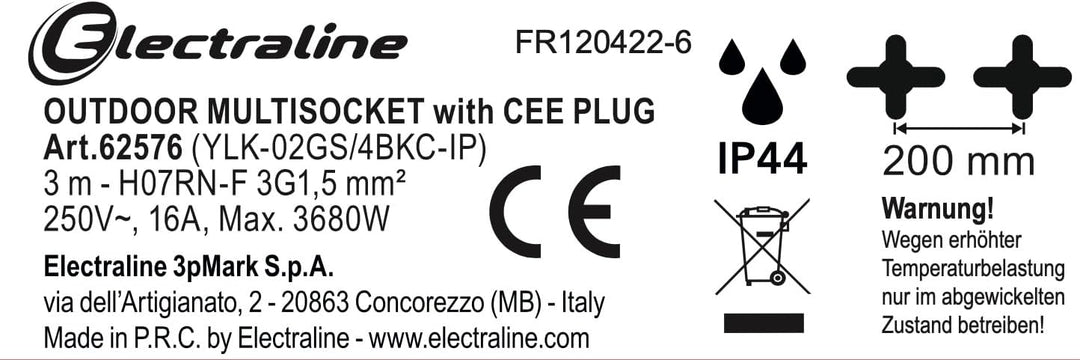 Electraline 62576 Professionelle Steckdosenleiste für den Aussenbereich, CEE-Stecker, 4 Schukosteckd