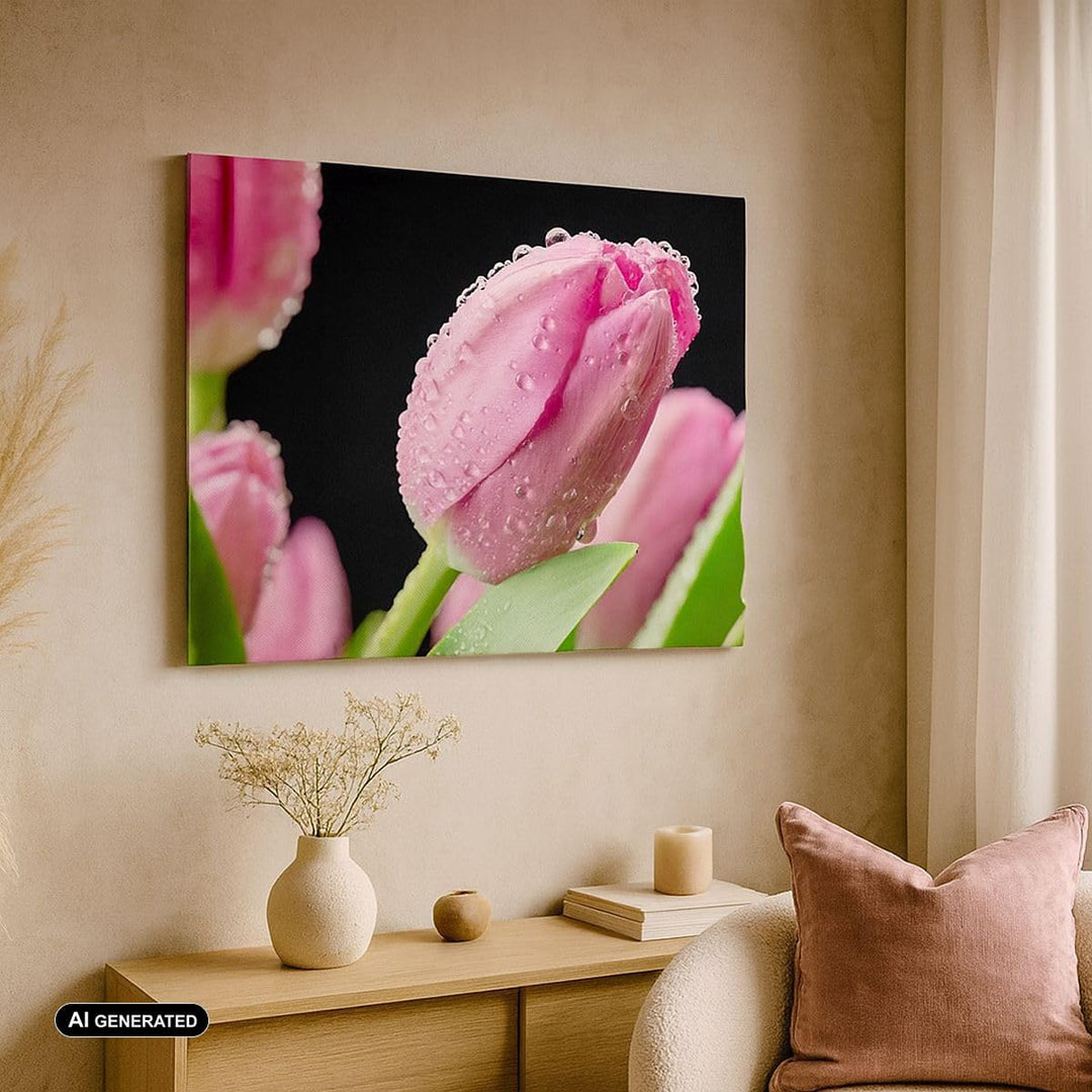 Bilder auf Leinwand 100x70cm Leinwandbild mit Rahmen Tulpe Blumen Tau Gross Wanddeko Bild Schlafzimm