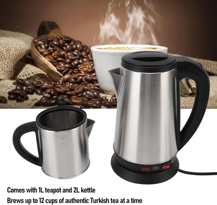 Elektrischer Türkischer Wasserkocher Set, 1L und 2L Edelstahl Samovar Turkish Tea Maker Set, Elektro