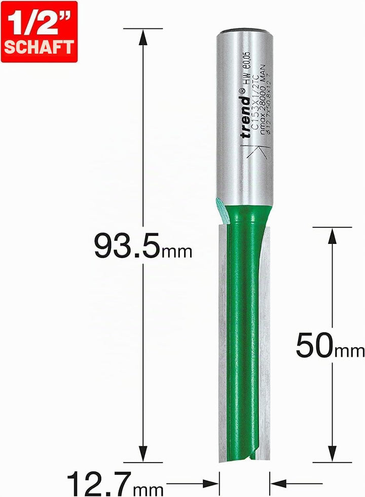 Trend CraftPro Zweischneidiger Spiralnutfräser, 1/2 Zoll Schaft, 12,7 mm Schnittdurchmesser, 50 mm S