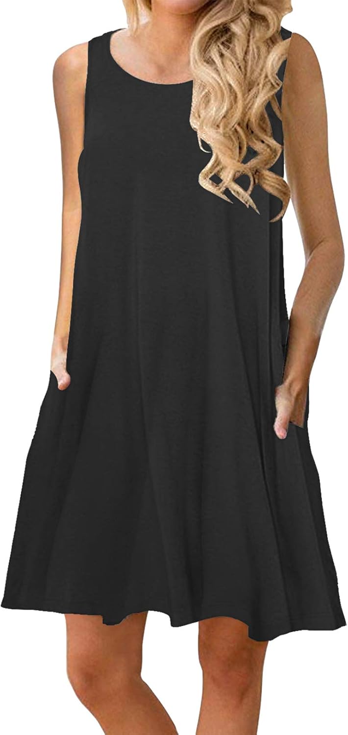 CHERFLY Damen Sommerkleid Casual Kurzes Freizeitkleid Ärmelloses Strandkleid mit Taschen S Schwarz,