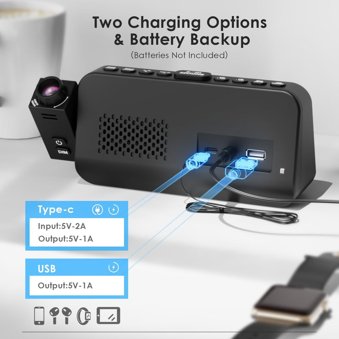 Radiowecker mit Projektion, Projektionswecker für Schlafzimmer, Typ C &amp; USB-Anschluss, Wochentag/Woc