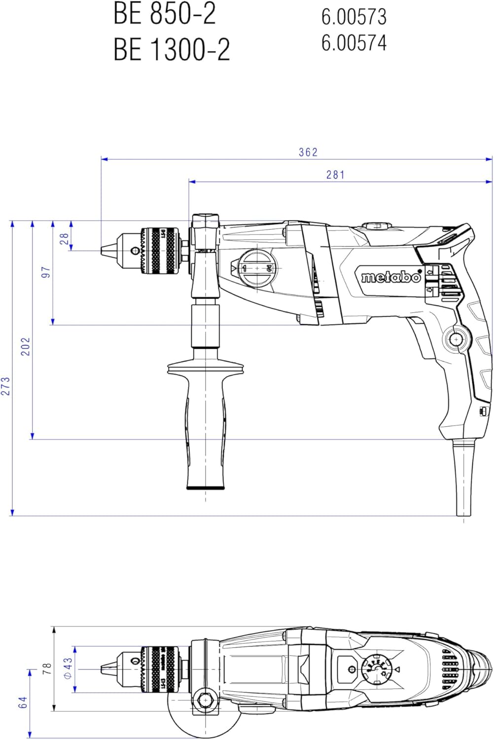 Metabo Bohrmaschine BE 850-2 (600573810) Karton, Nennaufnahmeleistung: 850 W, Abgabeleistung: 490 W,