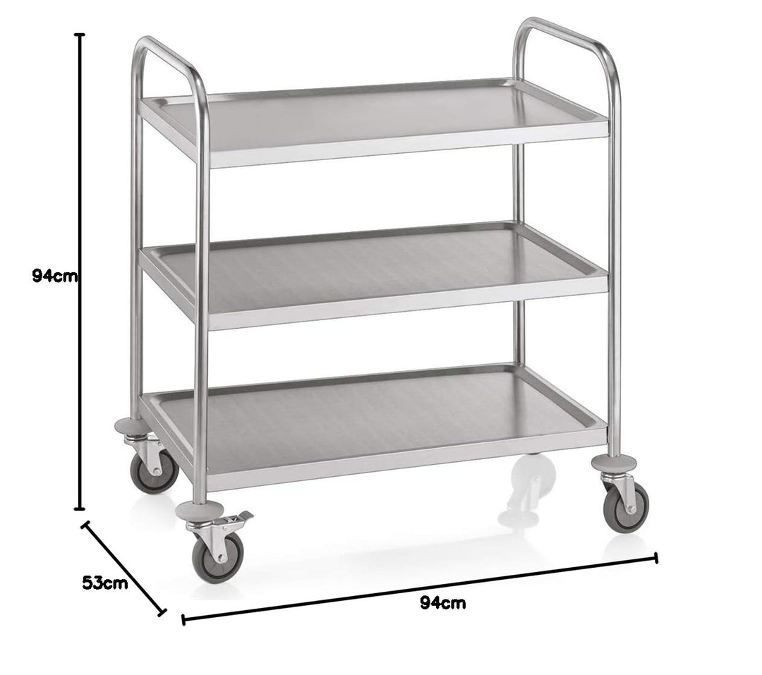 WAS 1950 003 Edelstahl Servierwagen, 4 Schwenkbare Rollen mit Rammschutz, 3 Borde, 25.5cm Abstand, 8