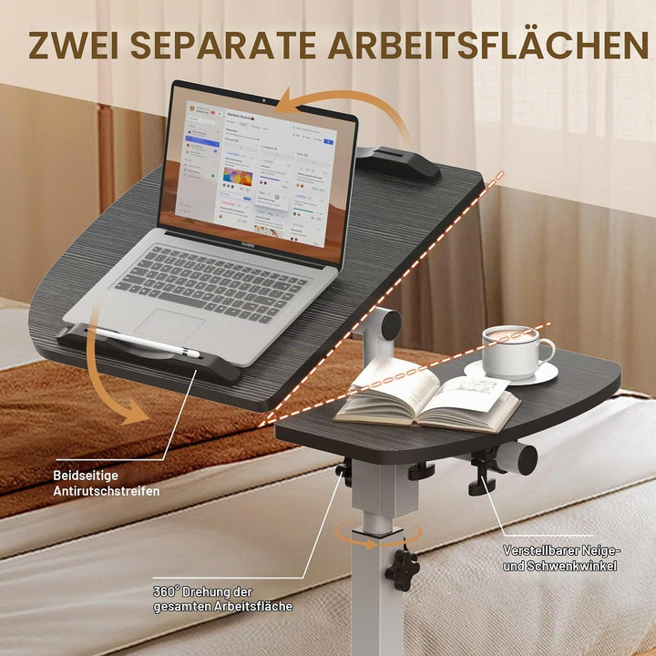 Soontrans Betttisch auf Rollen, 60×40cm, Laptoptisch Höhenverstellbar, Beistelltisch Bett mit Mehrer
