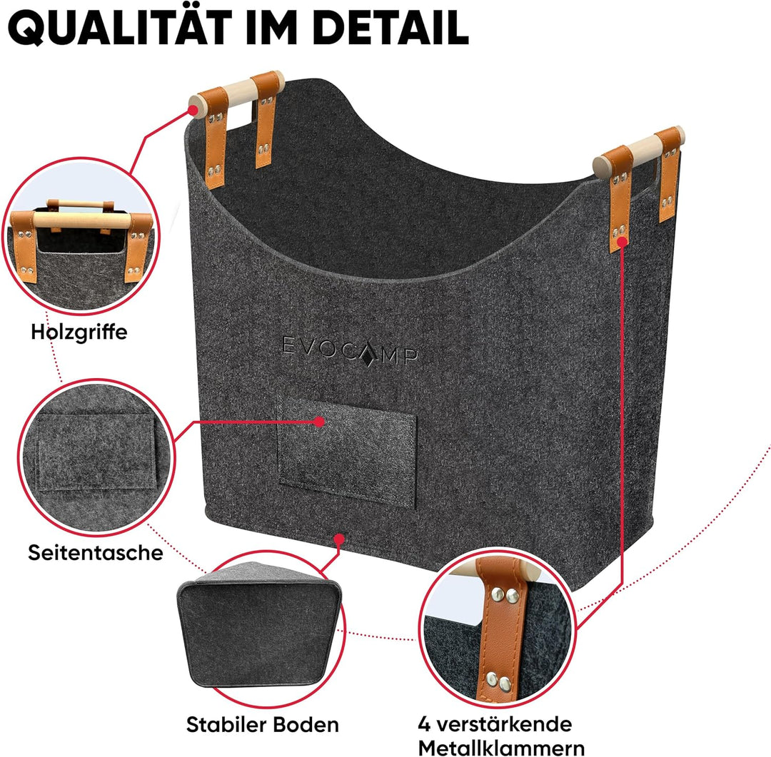 EVOCAMP Filzkorb XXL, Filztasche gross, mit Holzgriffen, Körbe Aufbewahrung, Holzkorb für Kaminholz,