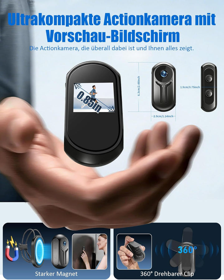 Action Cam 2K mit 64 GB Karte, Action Kamera mit WiFi, Mini Bodycam Körperkamera mit 120° Weitwinkel