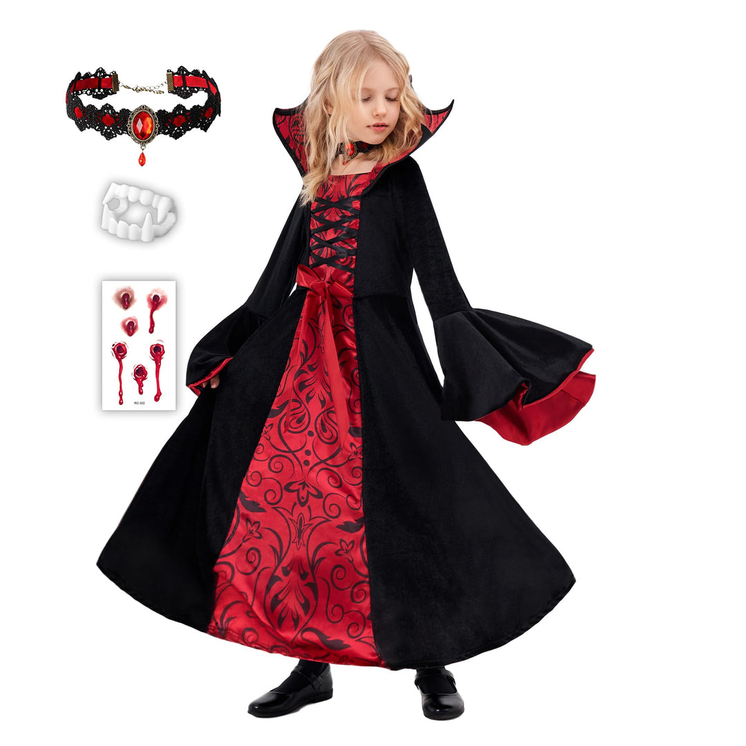 Funnlot Vampir Kostüm Mädchen Gothic Halloween Kostüm Kleid mit Vampir Zähne Kinder Karneval Faschin
