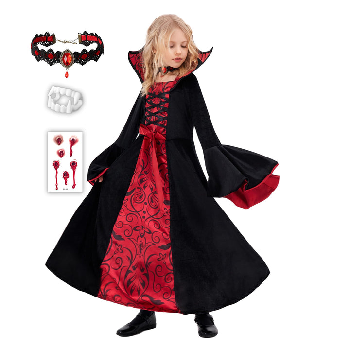 Funnlot Vampir Kostüm Mädchen Gothic Halloween Kostüm Kleid mit Vampir Zähne Kinder Karneval Faschin