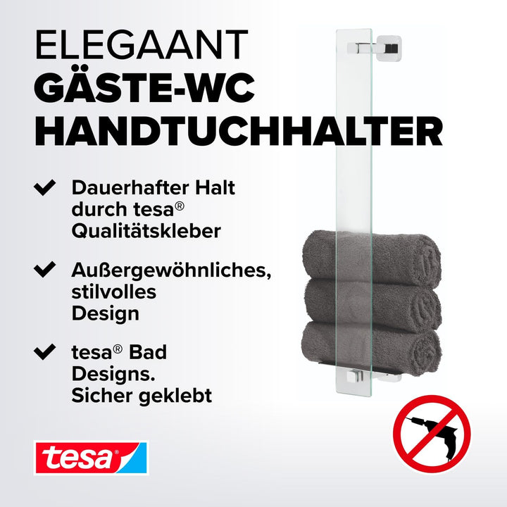 tesa ELEGAANT Handtuchhalter Gäste-WC, inkl. Klebelösung, edles Design, Metall, verchromt, garantier