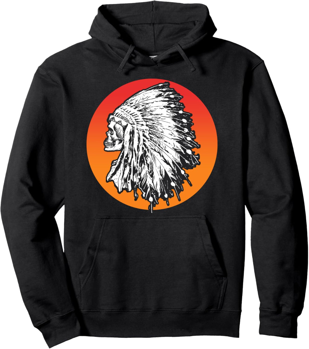 Retro Native American Sun Indian - Cool Skull & Headdress Pullover Hoodie