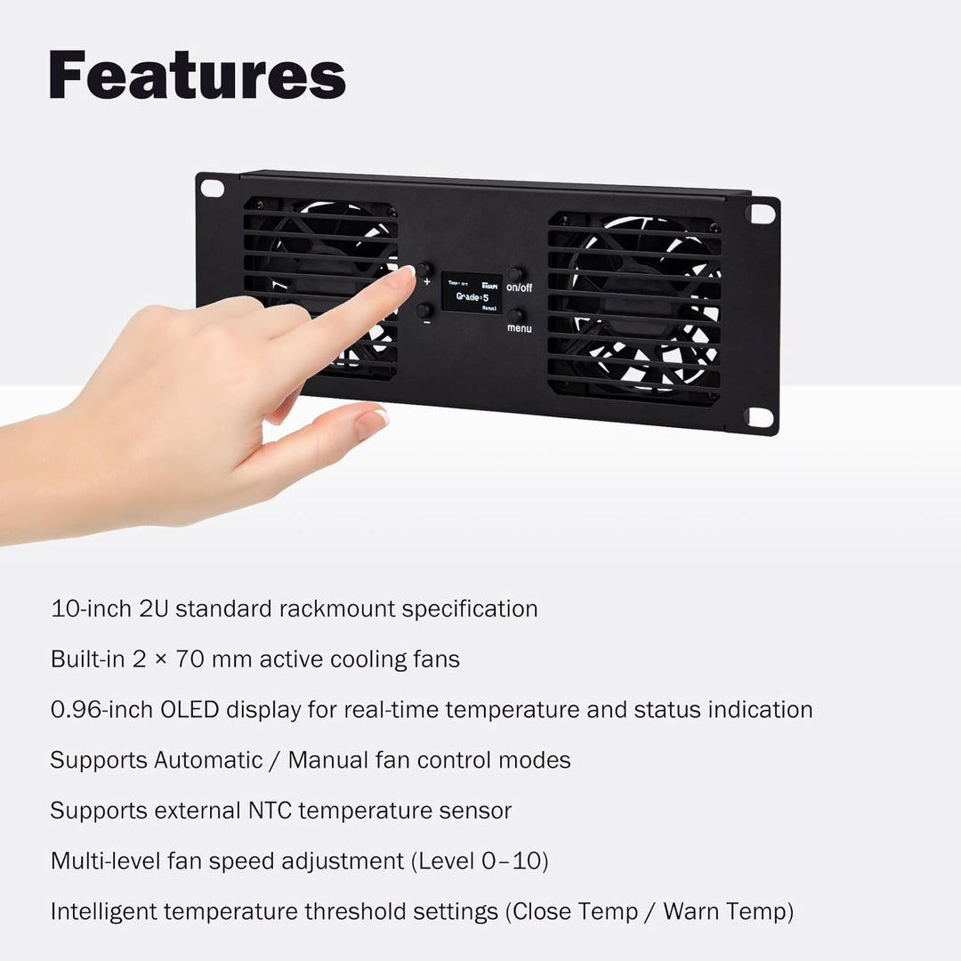 GeeekPi 10-Zoll 2U Rackmontage Dual-Fan-Kühlpanel mit OLED-Display & 2X 70-mm-Aktivlüfter für 10-Zol