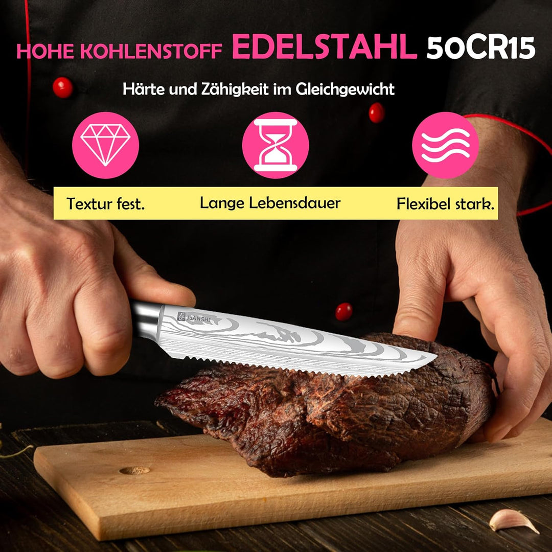 JUANSHI® Steakmesser 11.4 cm – Hoher Kohlenstoffgehalt Edelstahl Steak Messer mit ultrascharfer geza