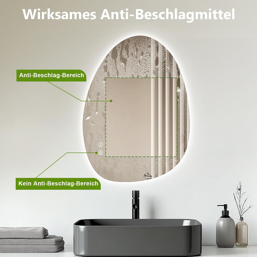 AllRight Spiegel Mit Beleuchtung Asymmetrischer LED Badspiegel mit Touch-Schalter Lichtfarben Dimmba