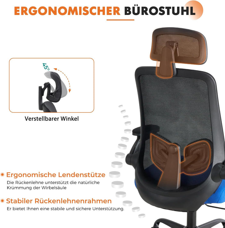 Sweetcrispy Ergonomischer Bürostuhl mit Kopfstütze & verstellbaren Armlehnen, 360° Drehfunktion, Höh