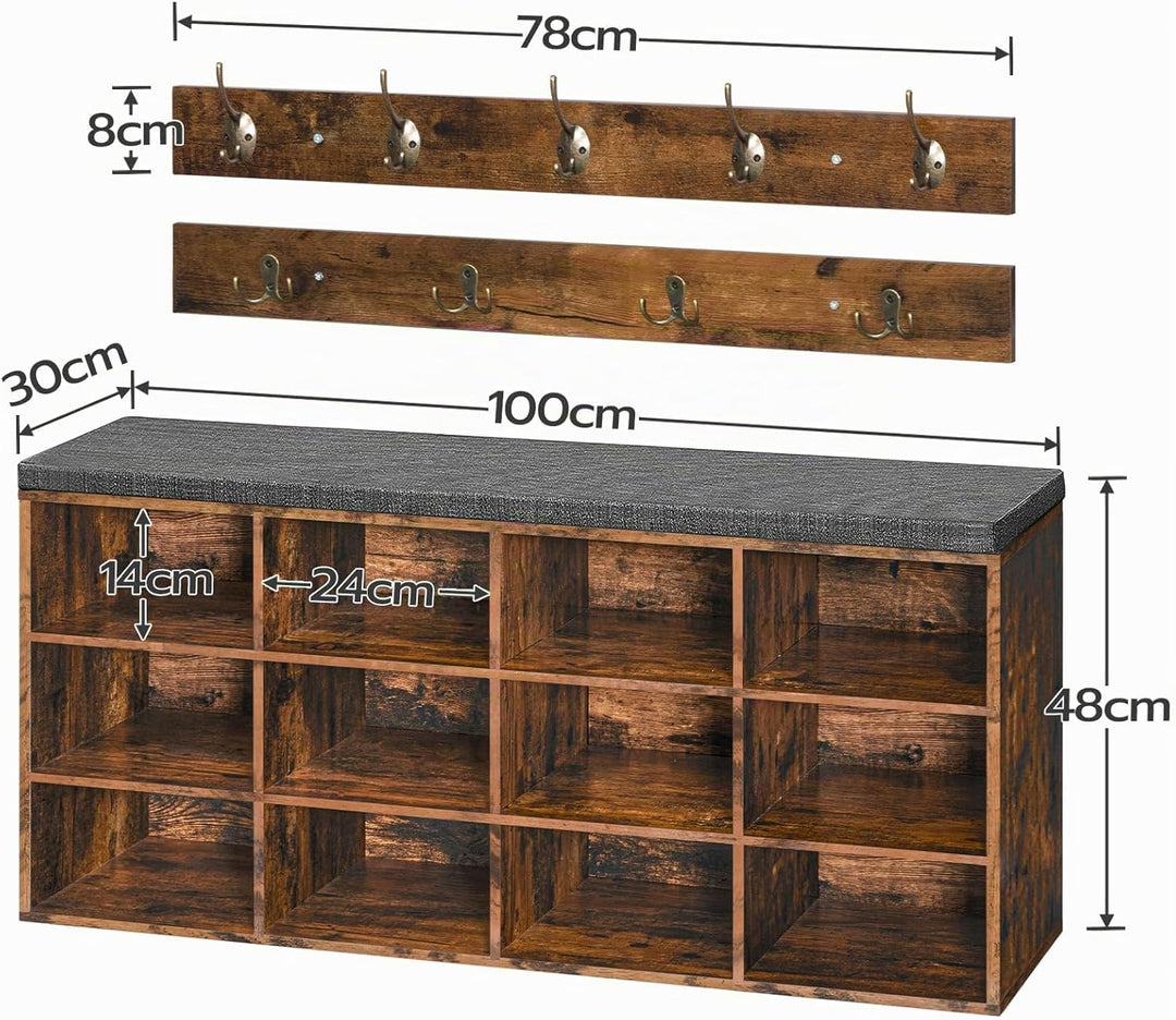 HOOBRO Garderobe Schuhregal Set, Schuhbank mit 12 Fächern, Schuhregal mit gepolsterter Sitzbank, Wan