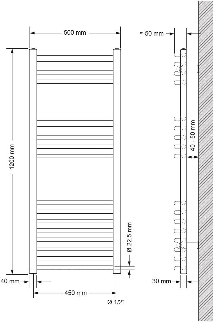 LuxeBath Badheizkörper Elektrisch mit Heizstab 900W Grosse Leistung - 500 x 1200 mm - Chrome - gebog