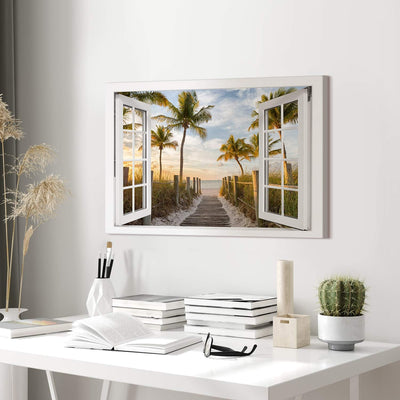 PICANOVA – Bild auf Leinwand Palmenweg zum Meer Fenster 60x40cm – Leinwandbild – Premium Leinwanddru