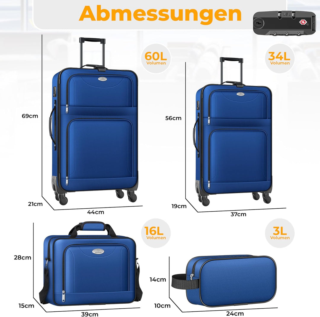 KESSER® Reisekoffer Set 4-teilig | Trolley Kofferset Stoffkoffer mit 3-Ziffern-TSA-Schloss, 360° Rol