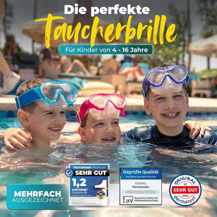 KIDVERSE Taucherbrille Kinder mit Nase - CE & Dermatest geprüfte Kinder Taucherbrille mit Stoffband