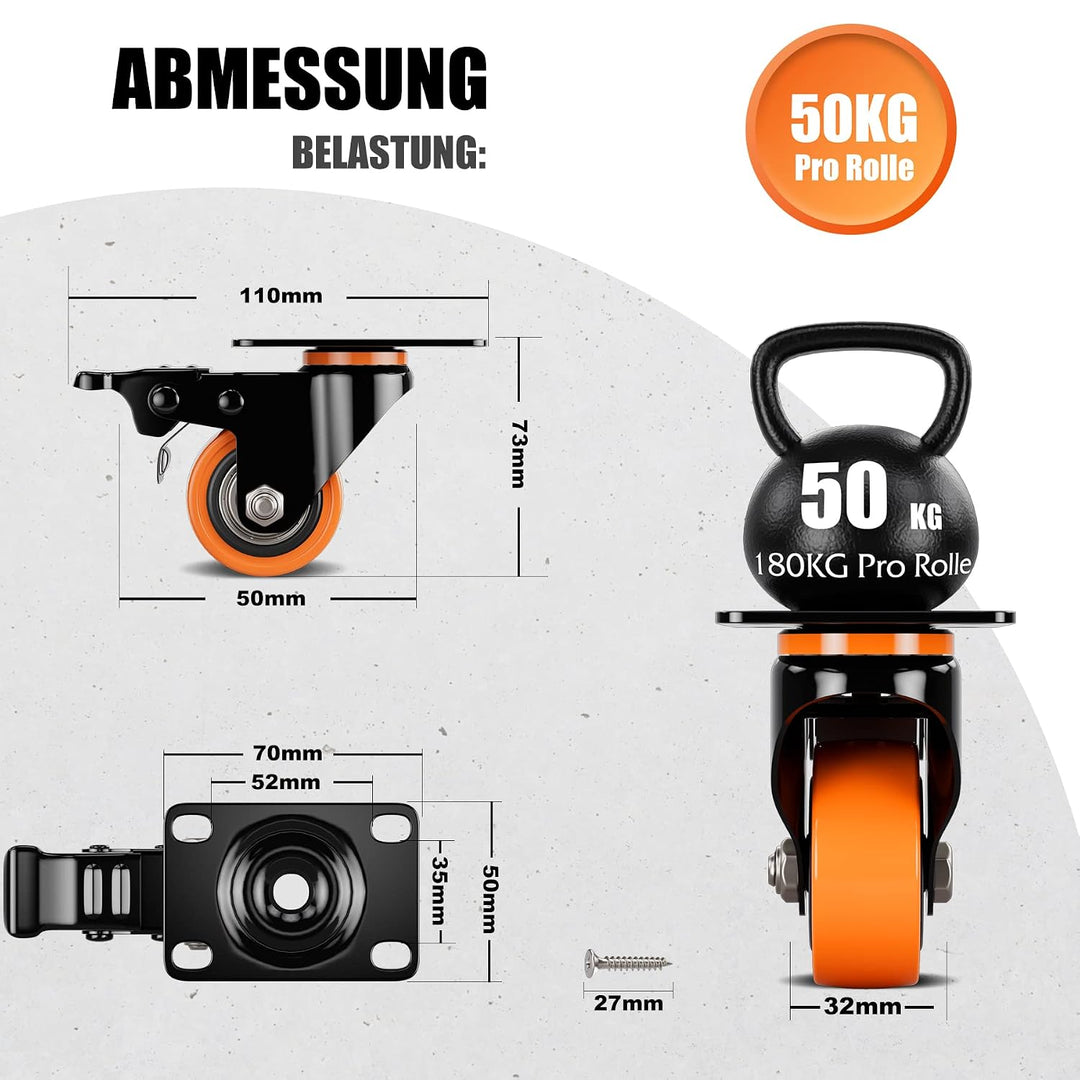 4 Stück Möbelrollen Ø50mm mit Bremsen inkl. Montagezubehör Lenkrollen Transportrollen 360° Drehung b