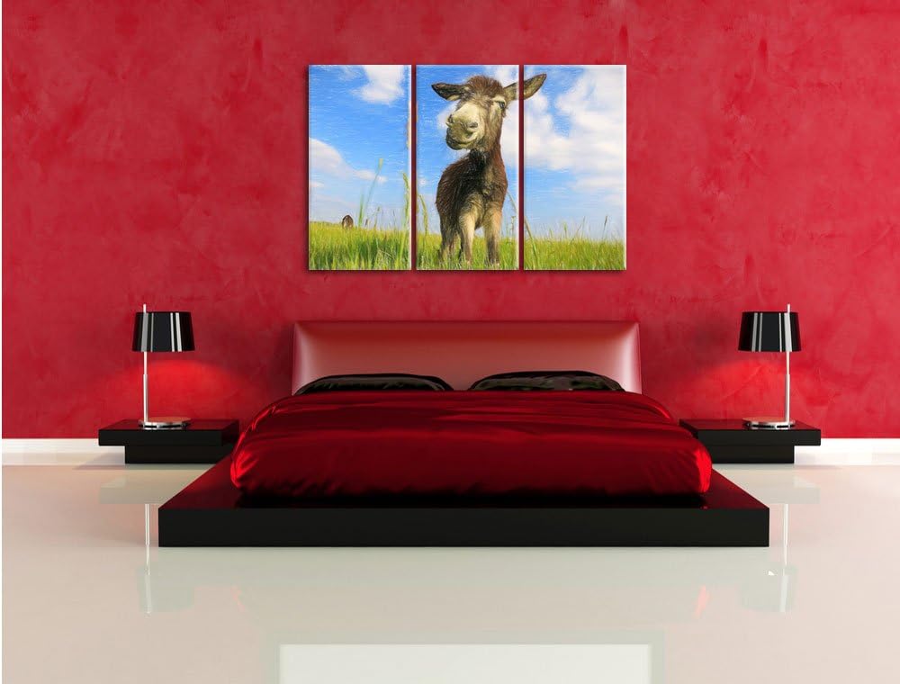 Pixxprint Esel in einem Feld in sonnigen Tag Kunst Buntstift Effekt 3-Teiler Leinwandbild 120x80 Bil