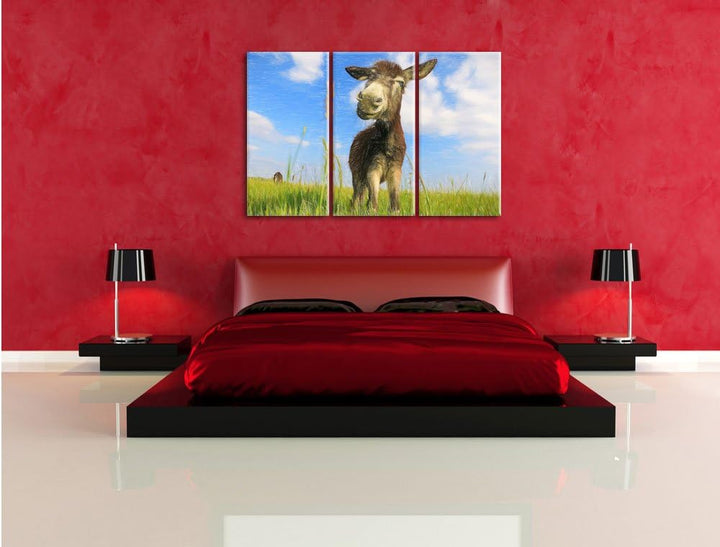 Pixxprint Esel in einem Feld in sonnigen Tag Kunst Buntstift Effekt 3-Teiler Leinwandbild 120x80 Bil