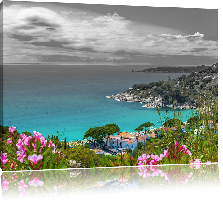 Pixxprint Panorama über die Küste Italiens an der Toskana B&W Detail, Format: 100x70 auf Leinwand, 1