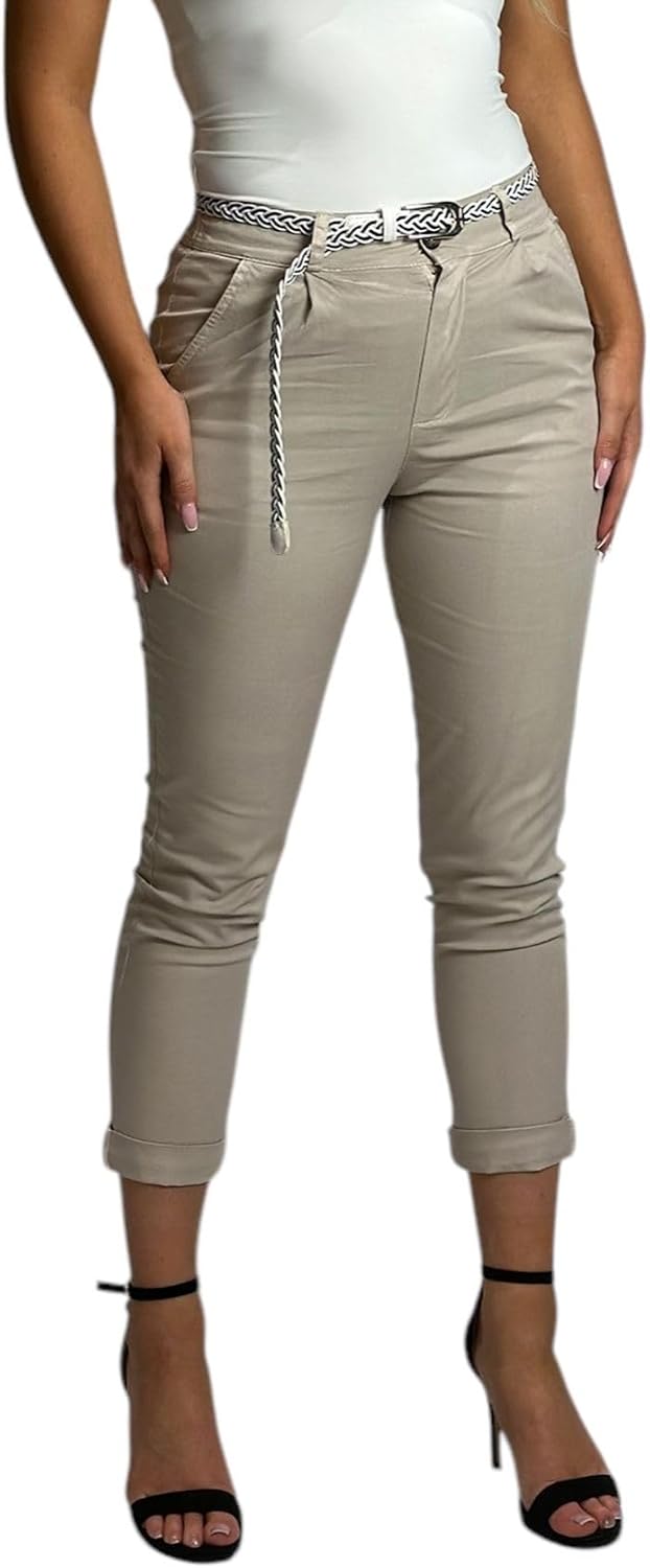 Mississhop Damen Baumwolle Klassische Chino Hose mit Gürtel L Beige, L Beige