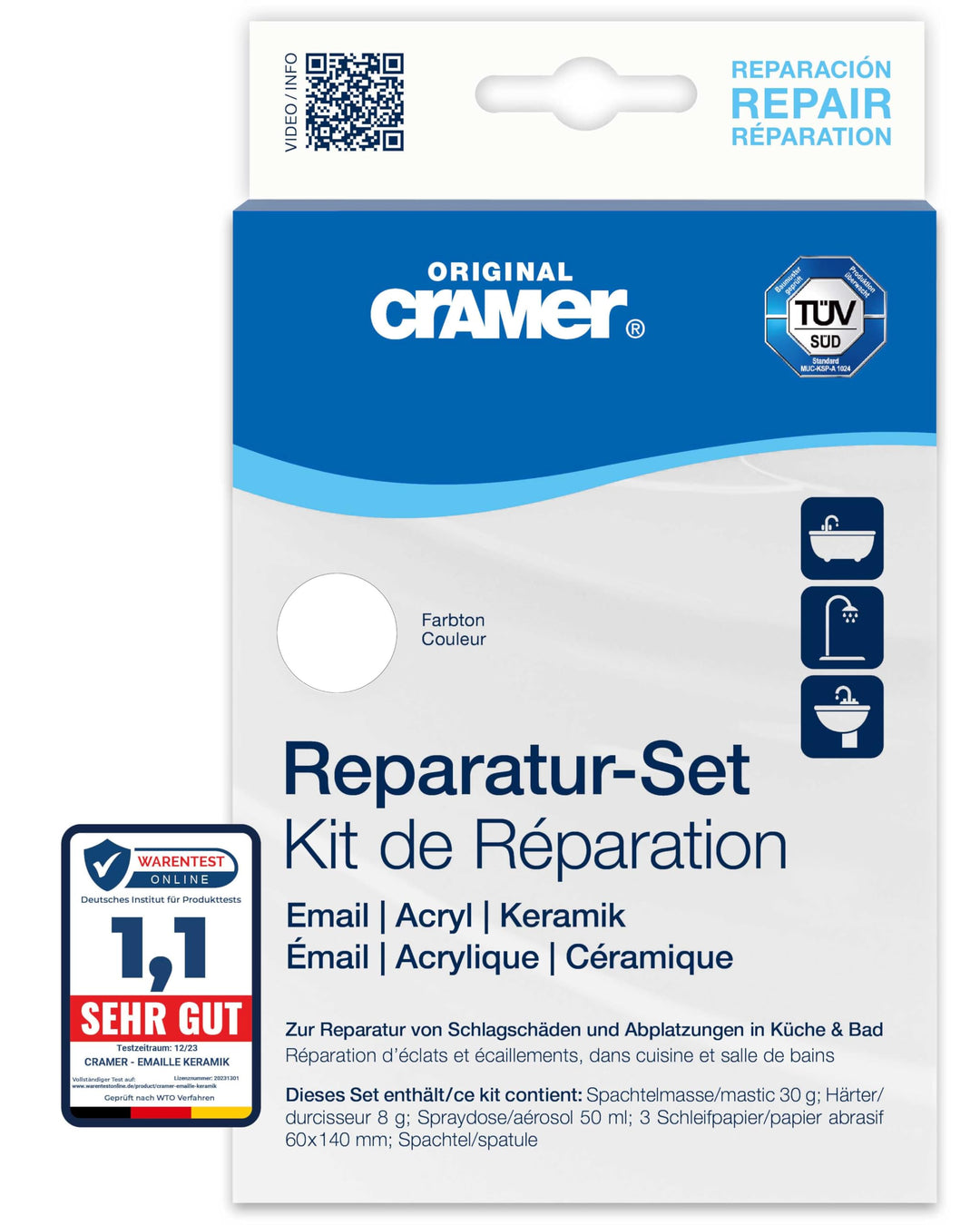Cramer 16002DE Reparatur-Set Email, Acryl, Keramik, reinweiss – zur dauerhaften Reparatur von Badewa