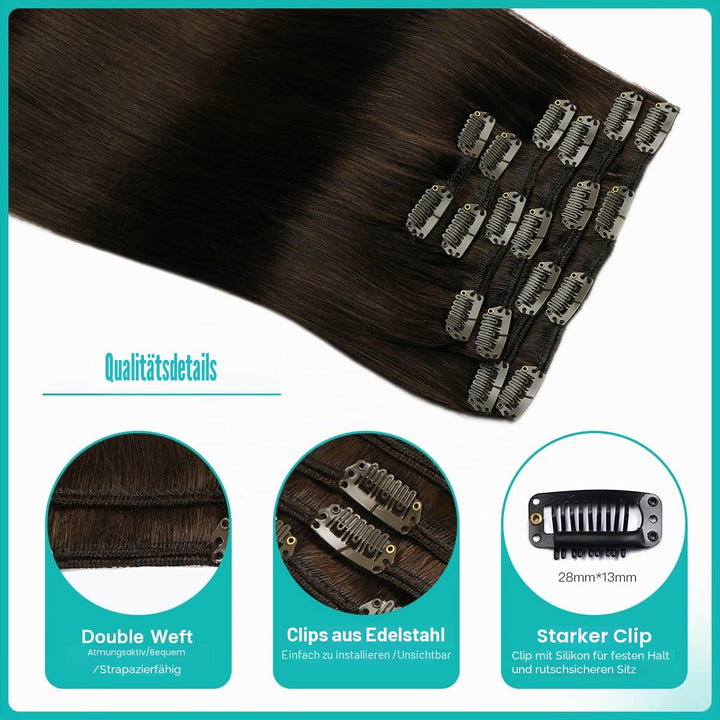 SURNEL 50cm Clip in Extensions Echthaar 6pcs/120g Dunkelstes Braun 