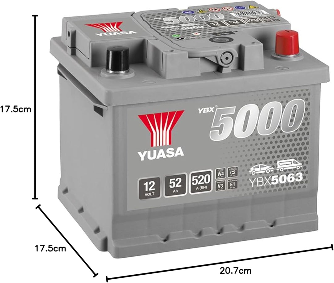 Yuasa YBX5063 Hochleistungs-Akku, 12 V, 52 Ah, 520 A, silberfarben