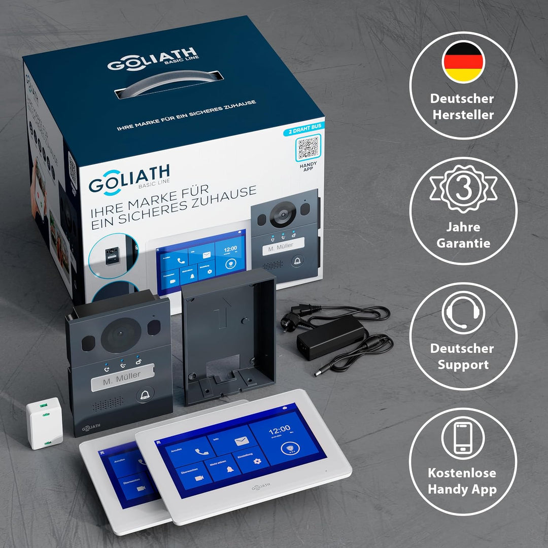 GOLIATH Basic Video Türsprechanlage, 2 Draht Bus, 2X 7 Monitor, Aufputz Türklingel mit Kamera, Gegen