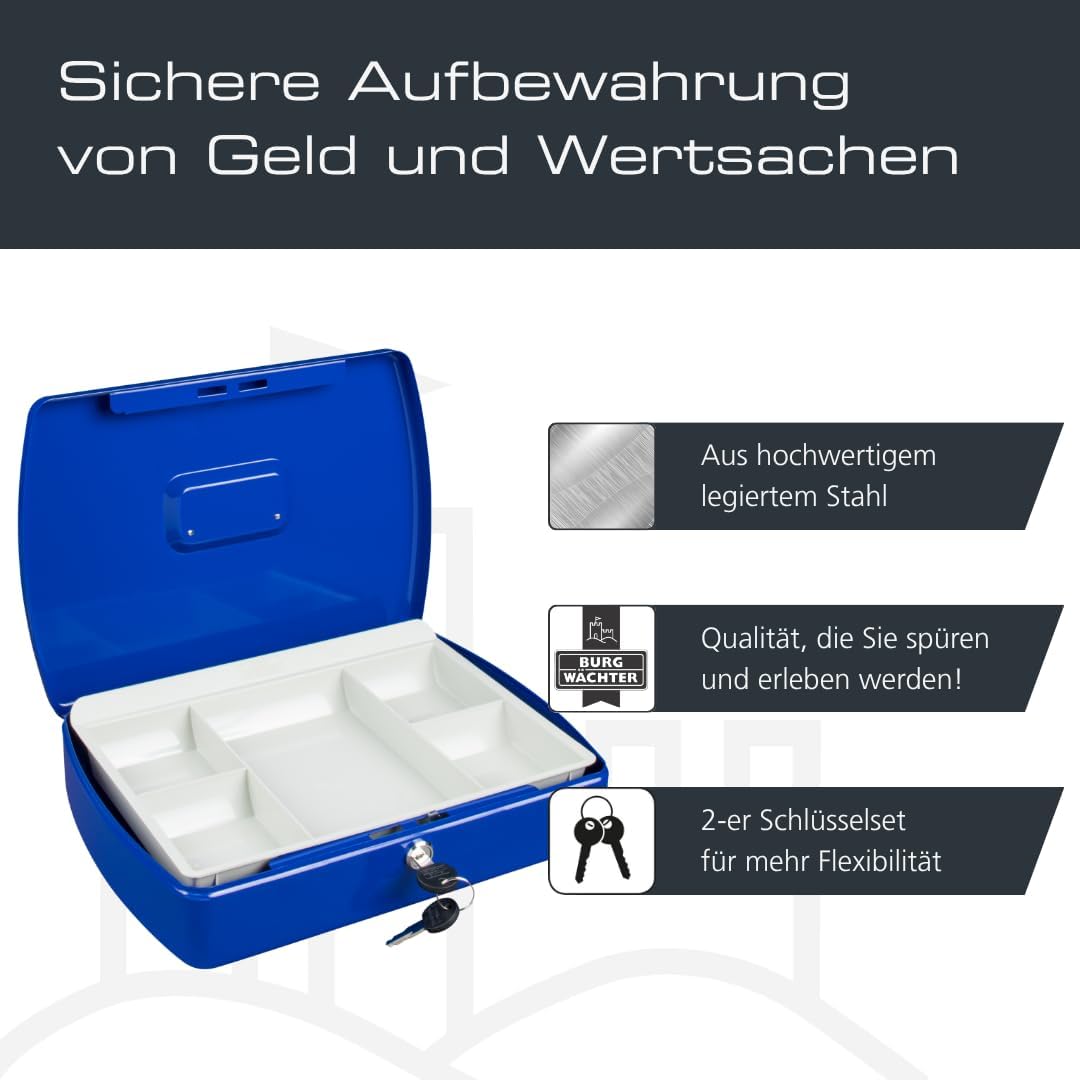 Burg-Wächter Geldkassette abschliessbar mit Schlüssel und Hartgeldeinsatz, Stahlblech, Office 2307,
