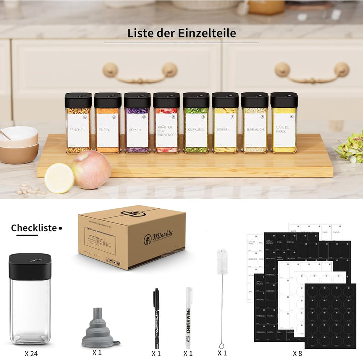 Miorkly Gewürzgläser Eckig - 24er Set mit Schwarz Edelstahl Drehdeckel, 120ML Gewürzstreuer Set mit