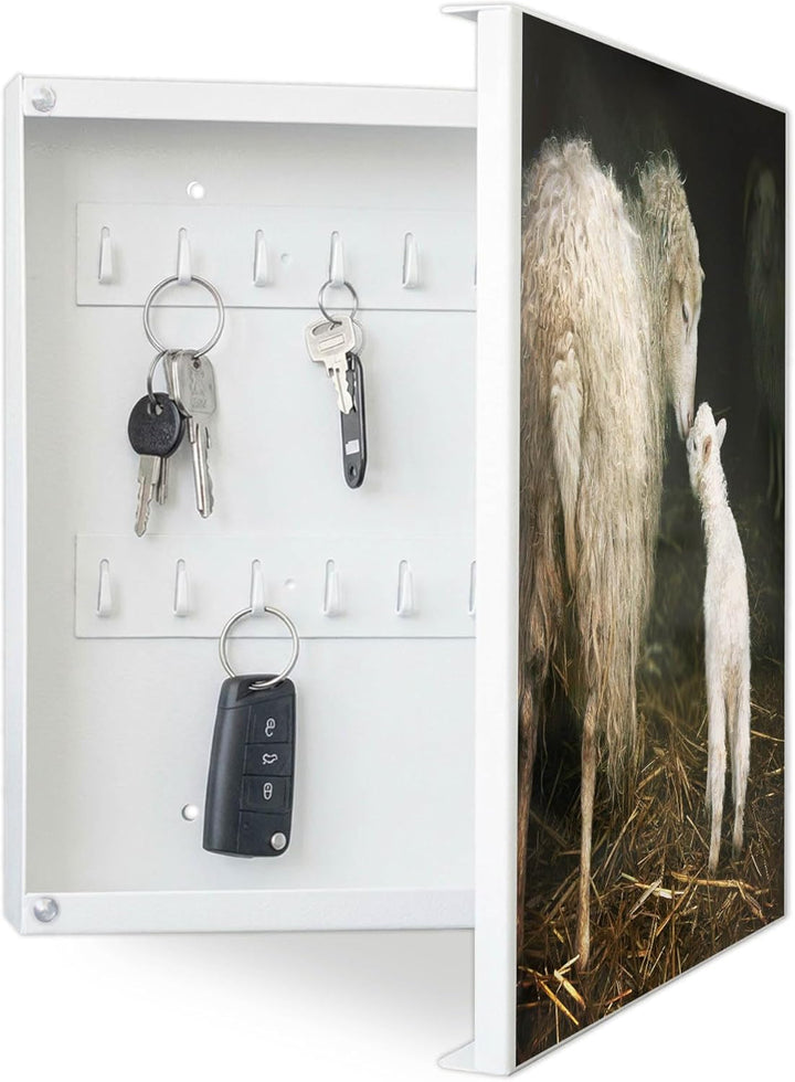 banjado® Grosser Schlüsselkasten Glas/Schlüsselbox 30cm x 30cm mit 50 Haken - Motiv Schaf Und Lamm/S