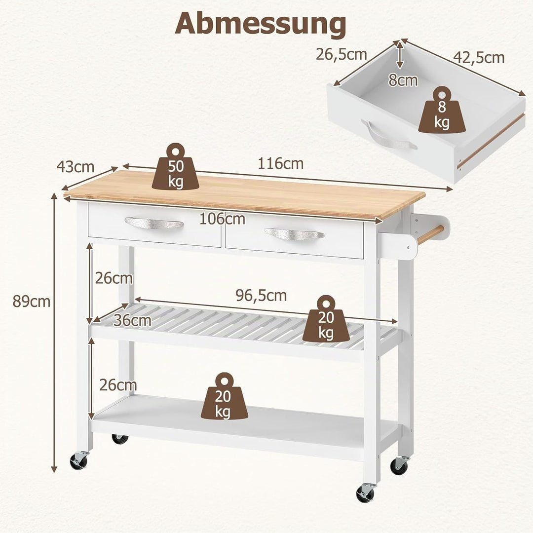 COSTWAY Küchenwagen Holz, Küchenschrank mit Rollen, Rollwagen mit Arbeitsplatte, 2 Schubladen, 2 off