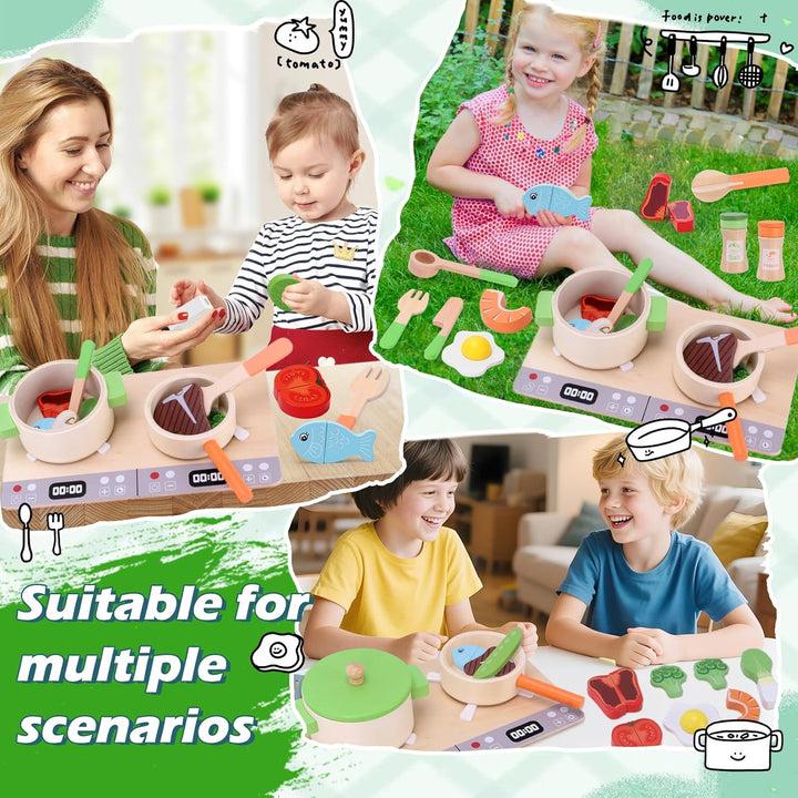 Mardo Kinderküche Zubehör Holz, Spielküche Zubehör 27 PCS Holzspielzeug Inklusive Topfset Küchenspie