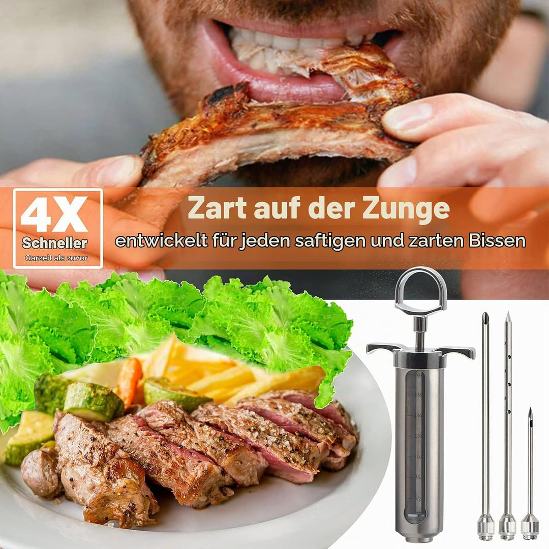 DePango Fleischspritze, Edelstahl Marinadenspritze Kit mit 3 Fleisch Nadeln für BBQ Smoker Grillrauc