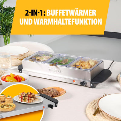 Tristar Edelstahl Buffetwärmer - einstellbares Thermostat, 3 x 1,5l Buffetbehälter, als Heizplatte v