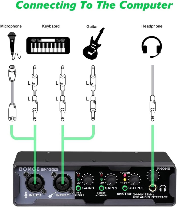 BOMGE USB-Audio-Schnittstelle (24 Bit/192 kHz) mit XLR, Phantomspeisung, Direktüberwachung, Loopback